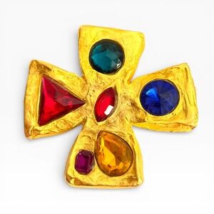 Don-Lin Maltese Cross Brooch Rare Multi Color Rhinestone Signed Vintage